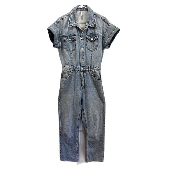 ZARA Blue Denim Short Sleeve Overalls Jumpsuit Coveralls   Women's Size Small - Picture 1 of 10